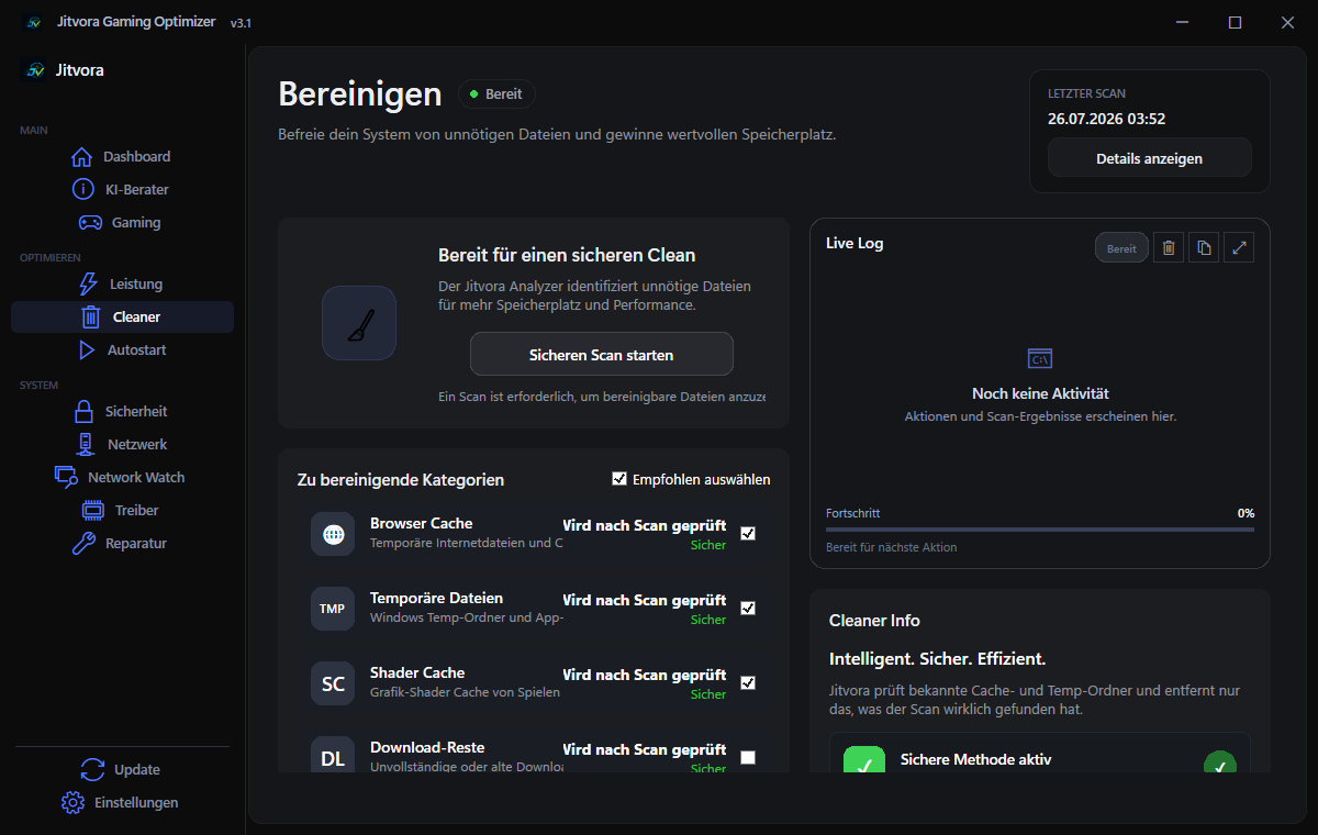 Jitvora Cleaner: the cleanup categories — browser cache, temporary files and shader cache — that a scan checks first