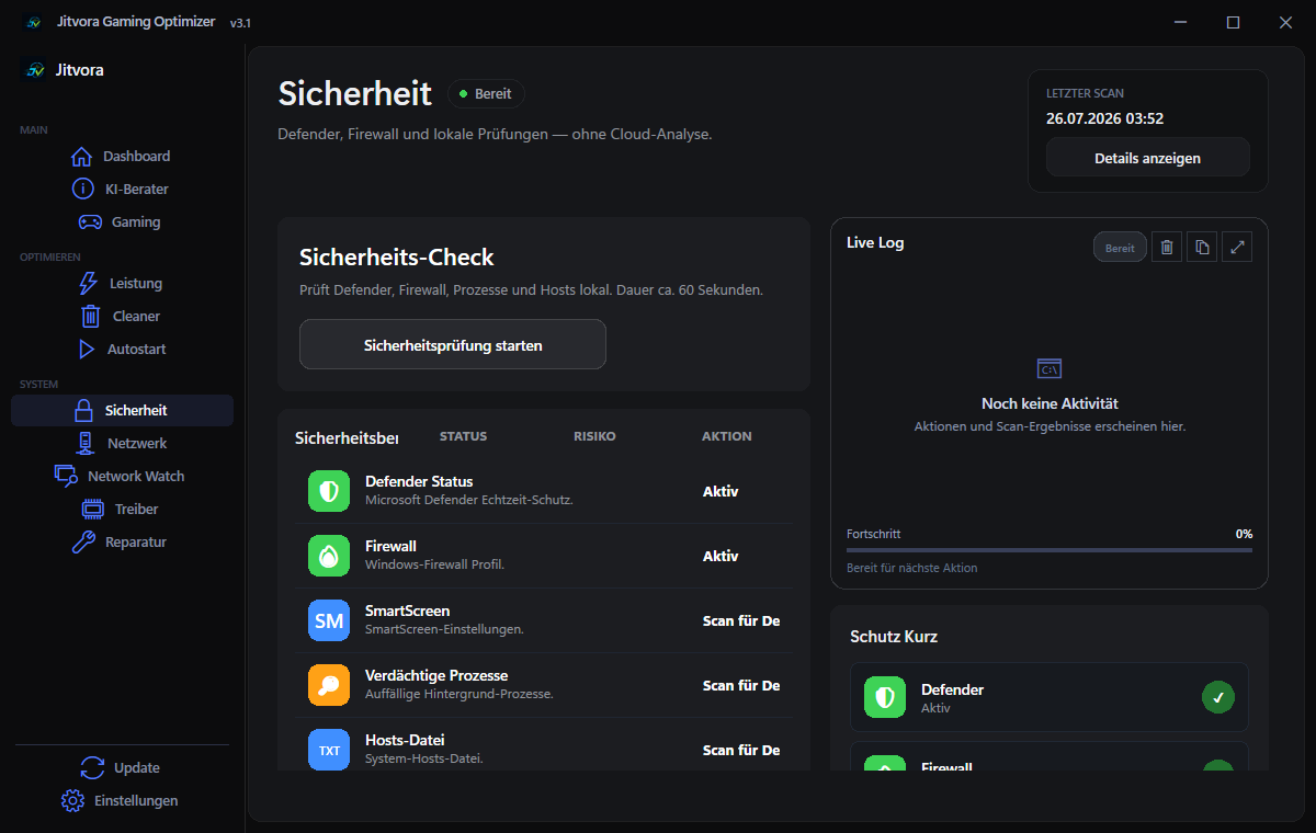 Jitvora security check: Defender, firewall and SmartScreen status at a glance
